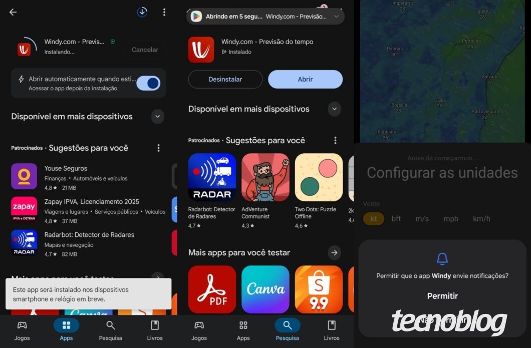 Montagem com quatro capturas de tela de um celular Android demonstrando a função "Abrir automaticamente". As telas mostram, em sequência: a ativação da função durante a instalação de um app na Play Store, a notificação de contagem regressiva de 5 segundos, o aplicativo aberto e, por fim, a solicitação de permissão de notificação.